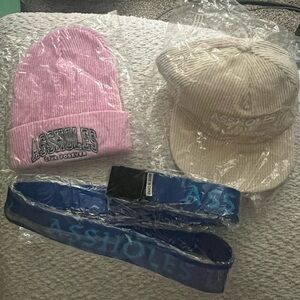 Assholes Live Forever Pink Beanie, Tan Cap and Blue Belt Set